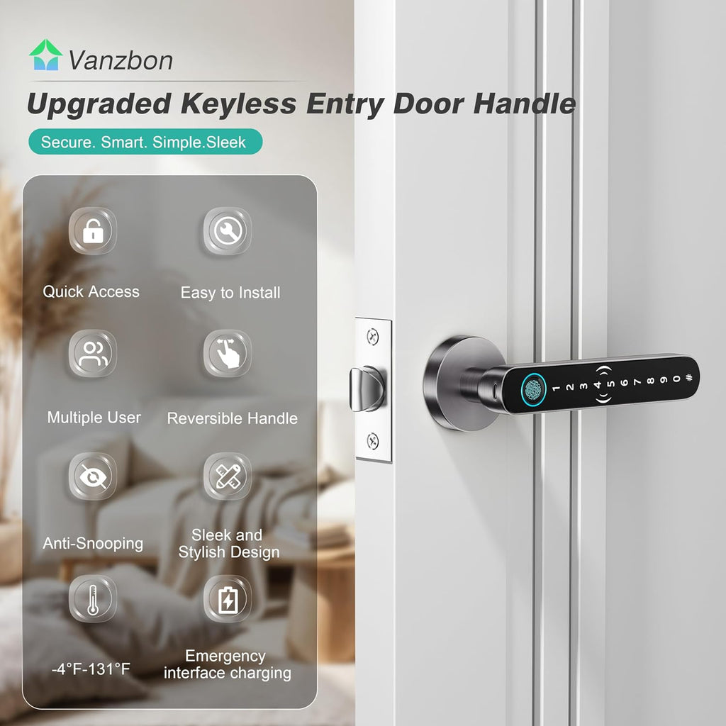 5 in 1 Fingerprint Door Handle with Keypad Control, APP Control, Key Card | Fingerprint Door Lock with Code, Smart Biometric Door Knob for Bedroom with Key, Keyless Entry Door Handle for Apartment