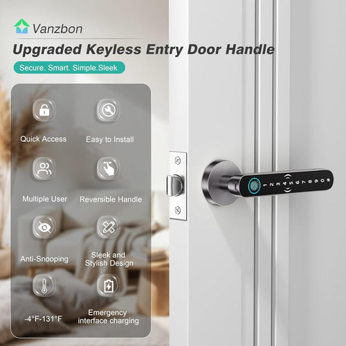 5 in 1 Fingerprint Door Handle with Keypad Control, APP Control, Key Card | Fingerprint Door Lock with Code, Smart Biometric Door Knob for Bedroom with Key, Keyless Entry Door Handle for Apartment