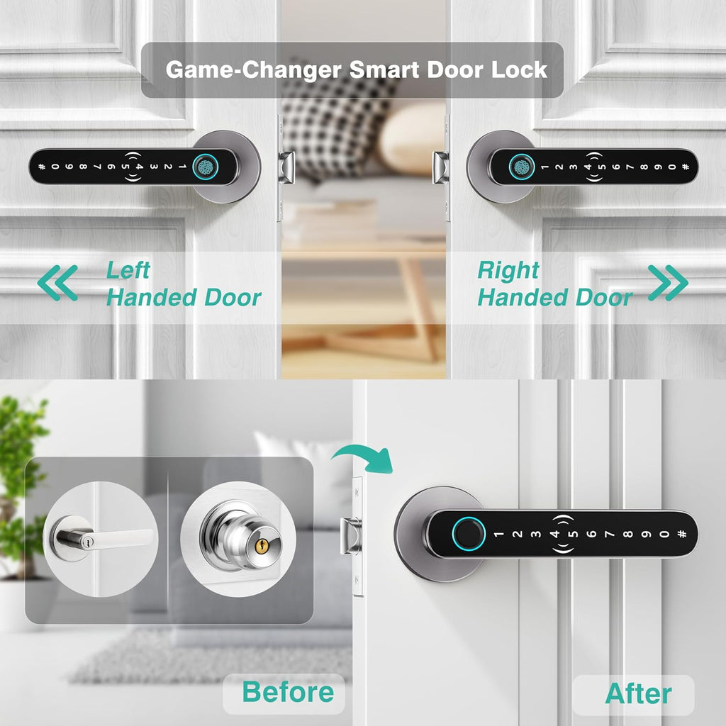 5 in 1 Fingerprint Door Handle with Keypad Control, APP Control, Key Card | Fingerprint Door Lock with Code, Smart Biometric Door Knob for Bedroom with Key, Keyless Entry Door Handle for Apartment