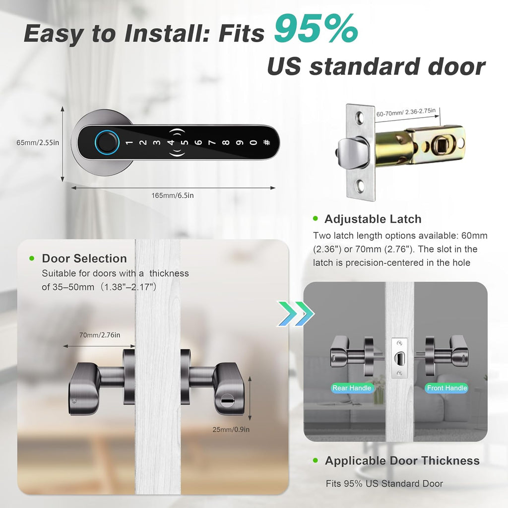 5 in 1 Fingerprint Door Handle with Keypad Control, APP Control, Key Card | Fingerprint Door Lock with Code, Smart Biometric Door Knob for Bedroom with Key, Keyless Entry Door Handle for Apartment