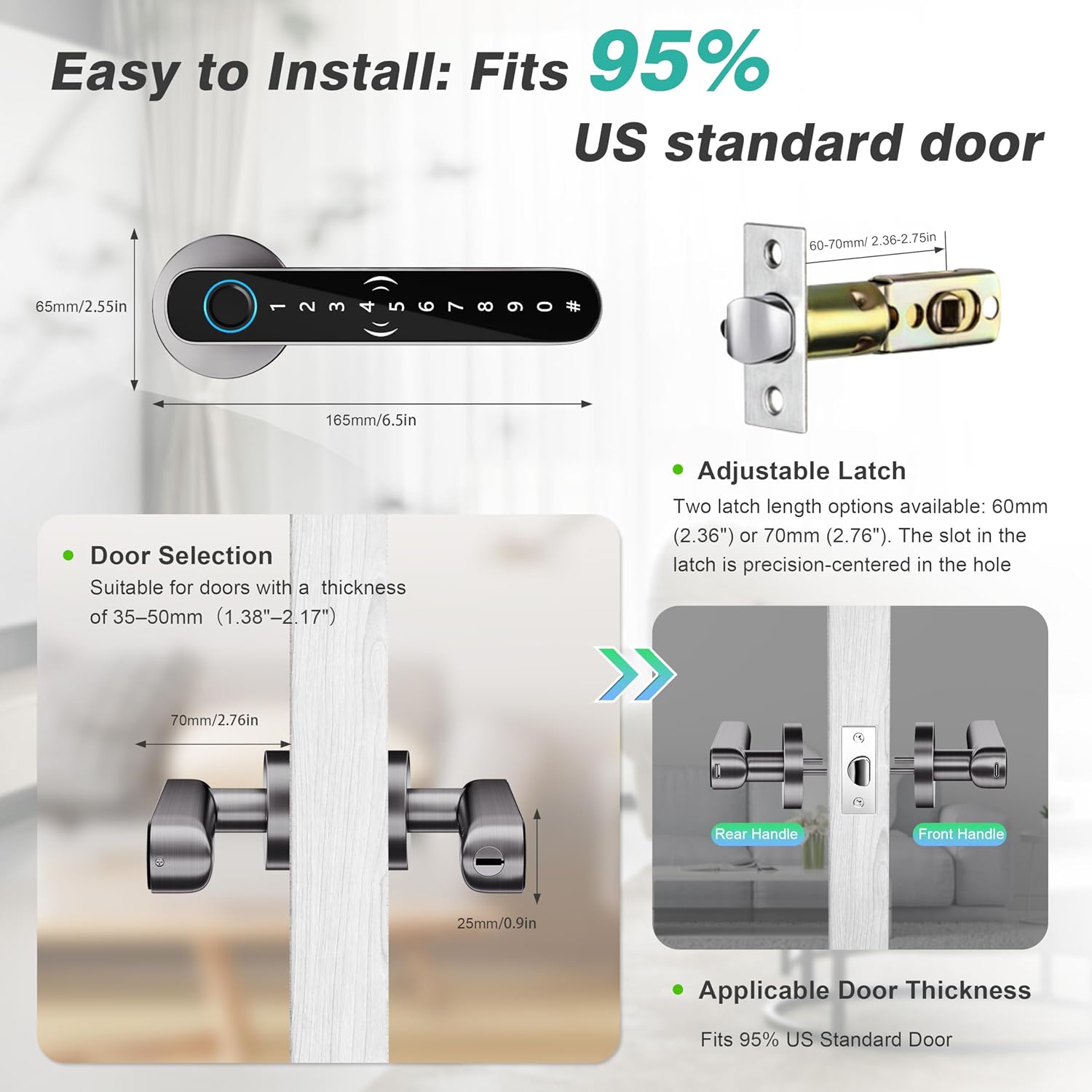 5 in 1 Fingerprint Door Handle with Keypad Control, APP Control, Key Card | Fingerprint Door Lock with Code, Smart Biometric Door Knob for Bedroom with Key, Keyless Entry Door Handle for Apartment