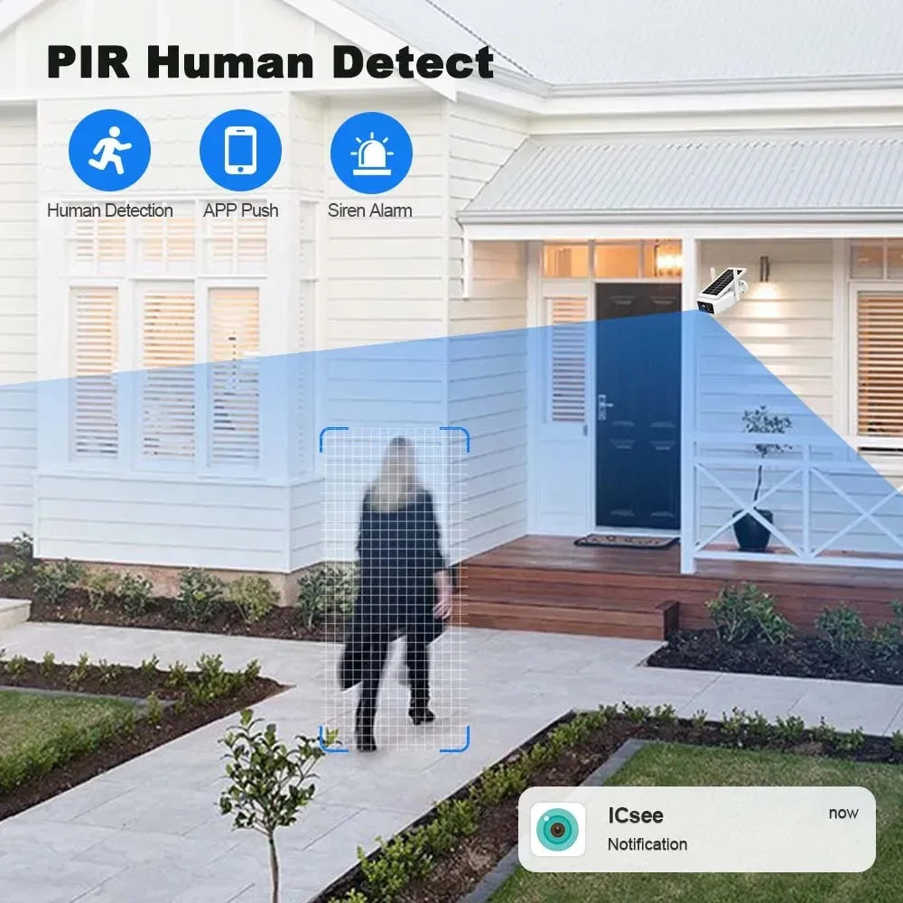 ICSEE 5MP Solar-Powered WiFi Security Camera with 2MP Battery, PIR Human Detection, and IP66 Waterproof Rating for Outdoor Use