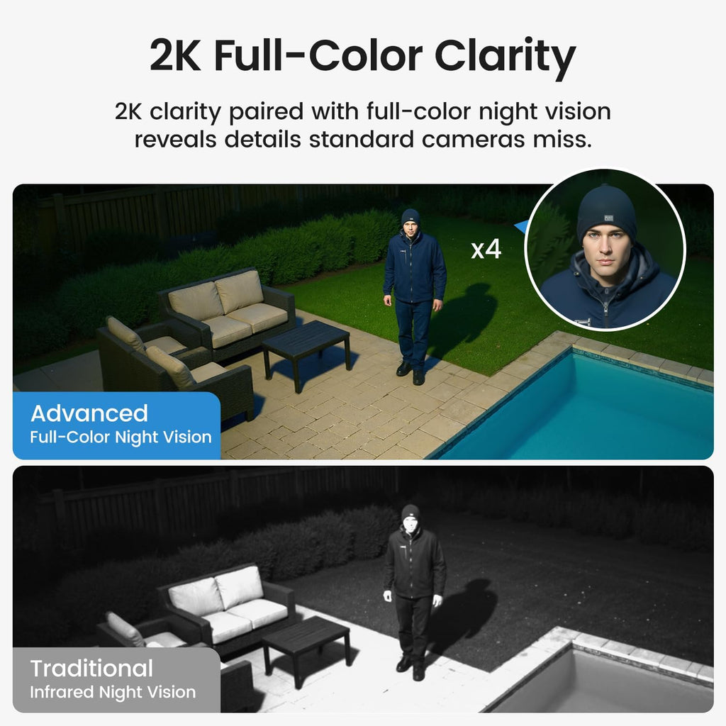 2K QHD Solar Security Cameras Wireless Outdoor System, 4-Cam-Kit | 2K Color Night Vision, Solar Powered, Stren&Light Alarms, 2Mins DIY Installation, No Subscription Required